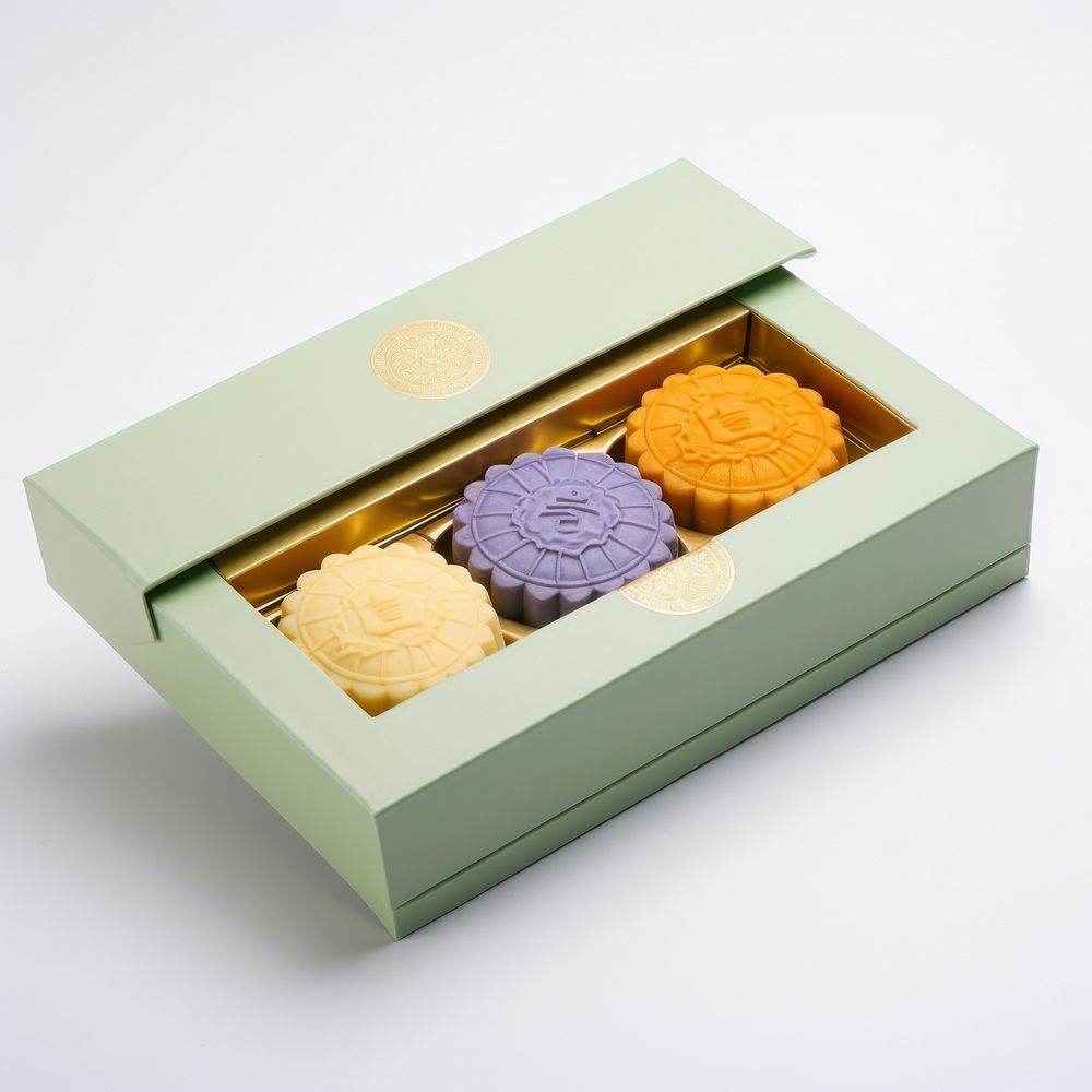 A mooncake random color and flavor put on box packaging dessert food white background.