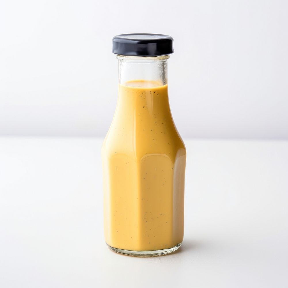 Honey mustard dressing in glass bottle smoothie juice drink.