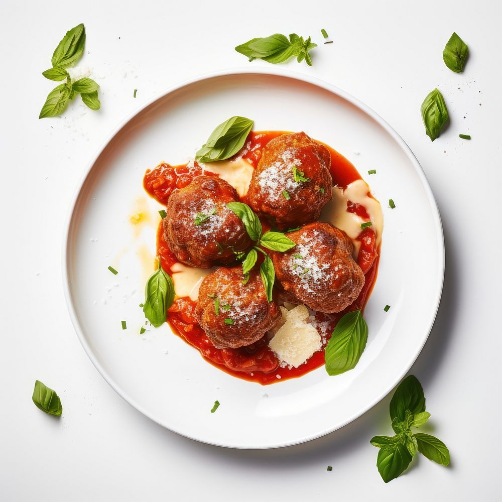 Juicy italian style meatballs food mozzarella vegetable.