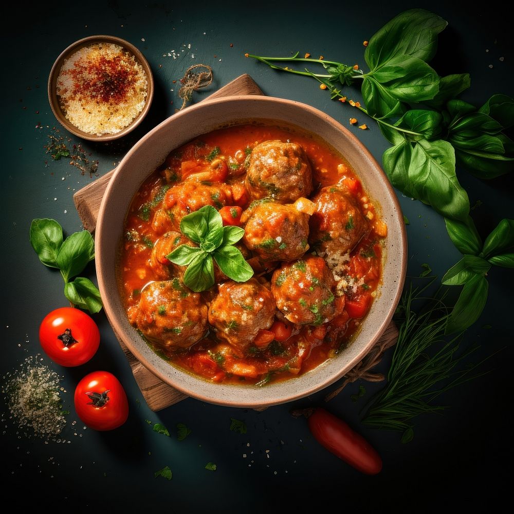 Juicy italian style meatballs food ingredient vegetable.
