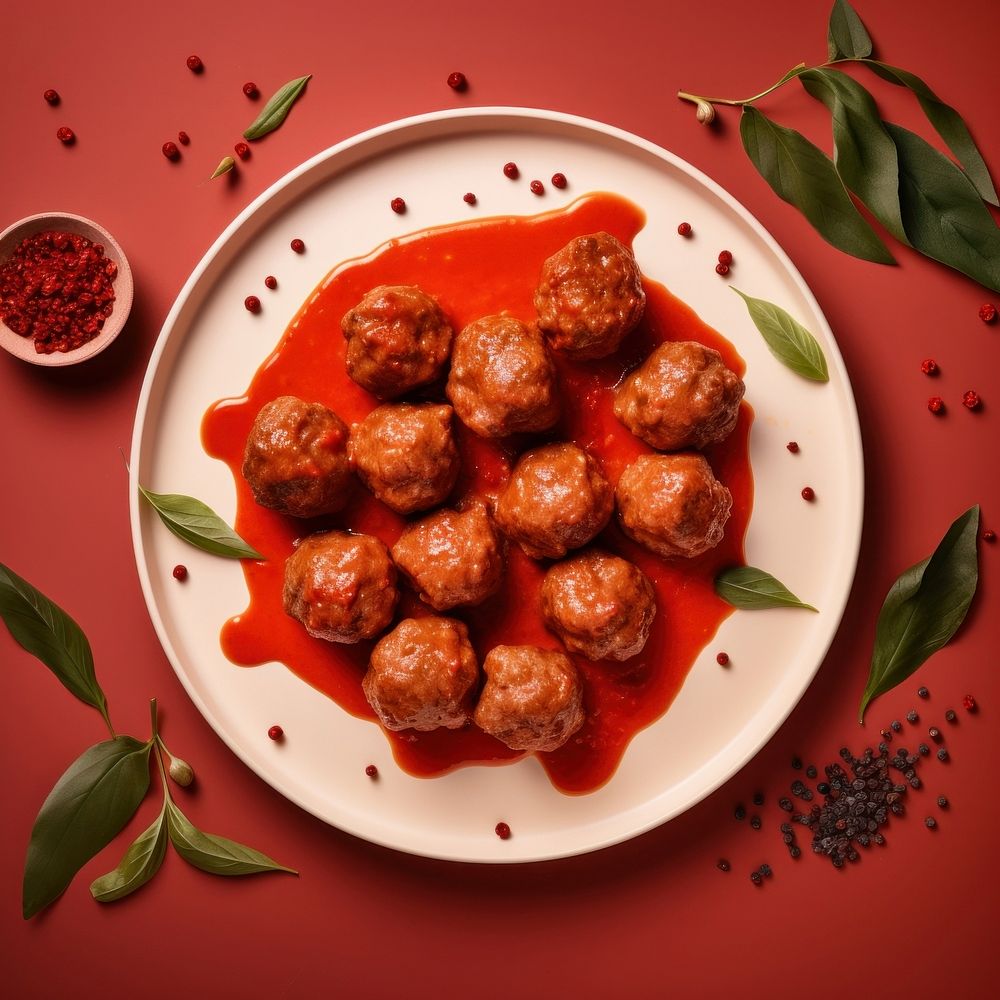 Juicy italian style meatballs food vegetable condiment.