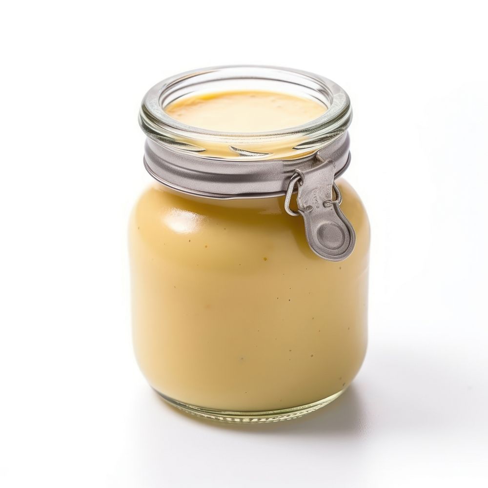 Mustard sauce in jar bottle food white background.