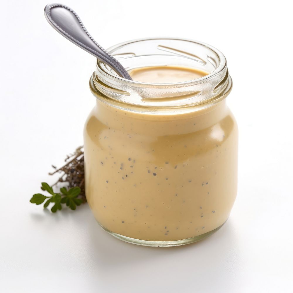 Mustard sauce in jar food white background refreshment.