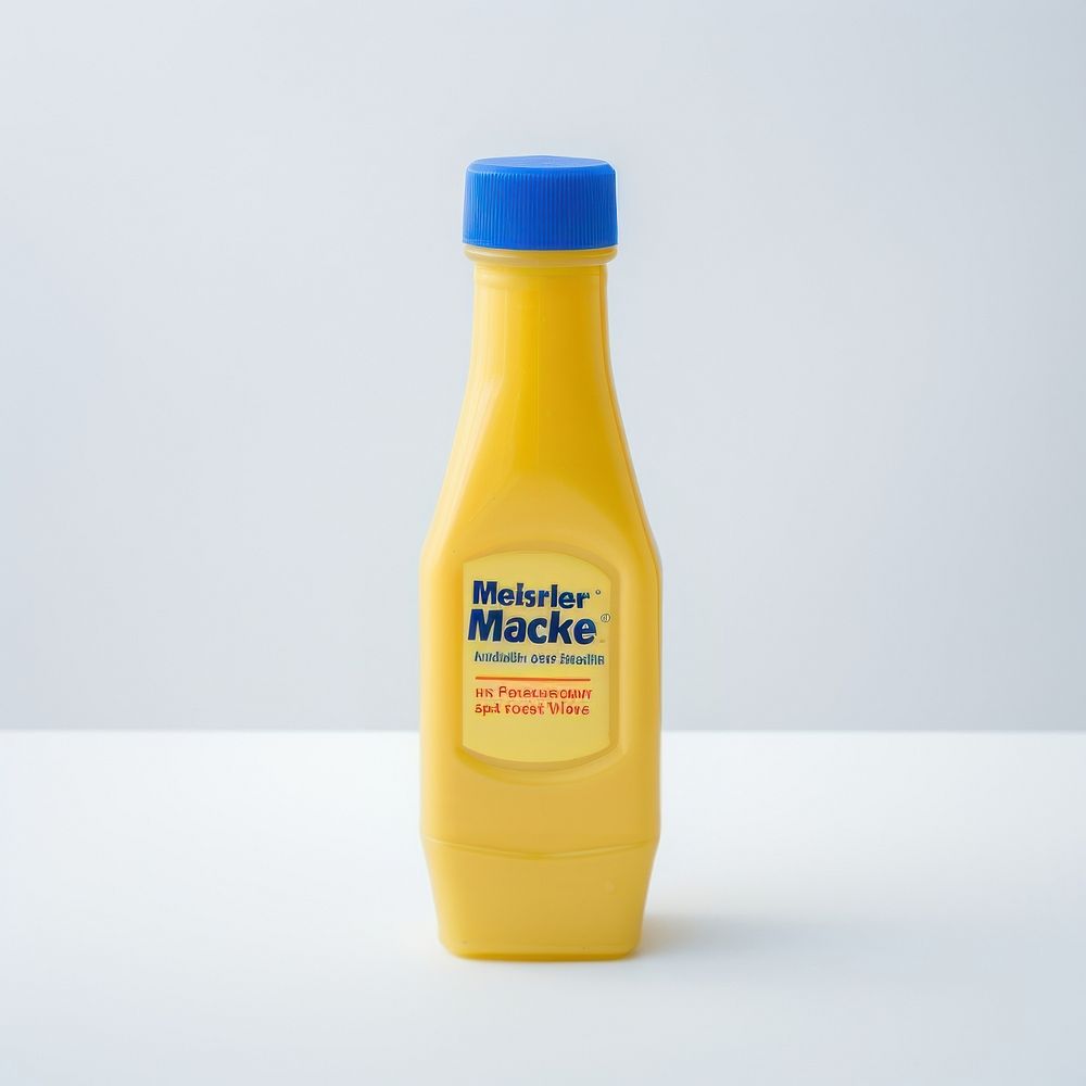 Mustard sauce plastic squeeze bottle with blank white label drink juice refreshment.