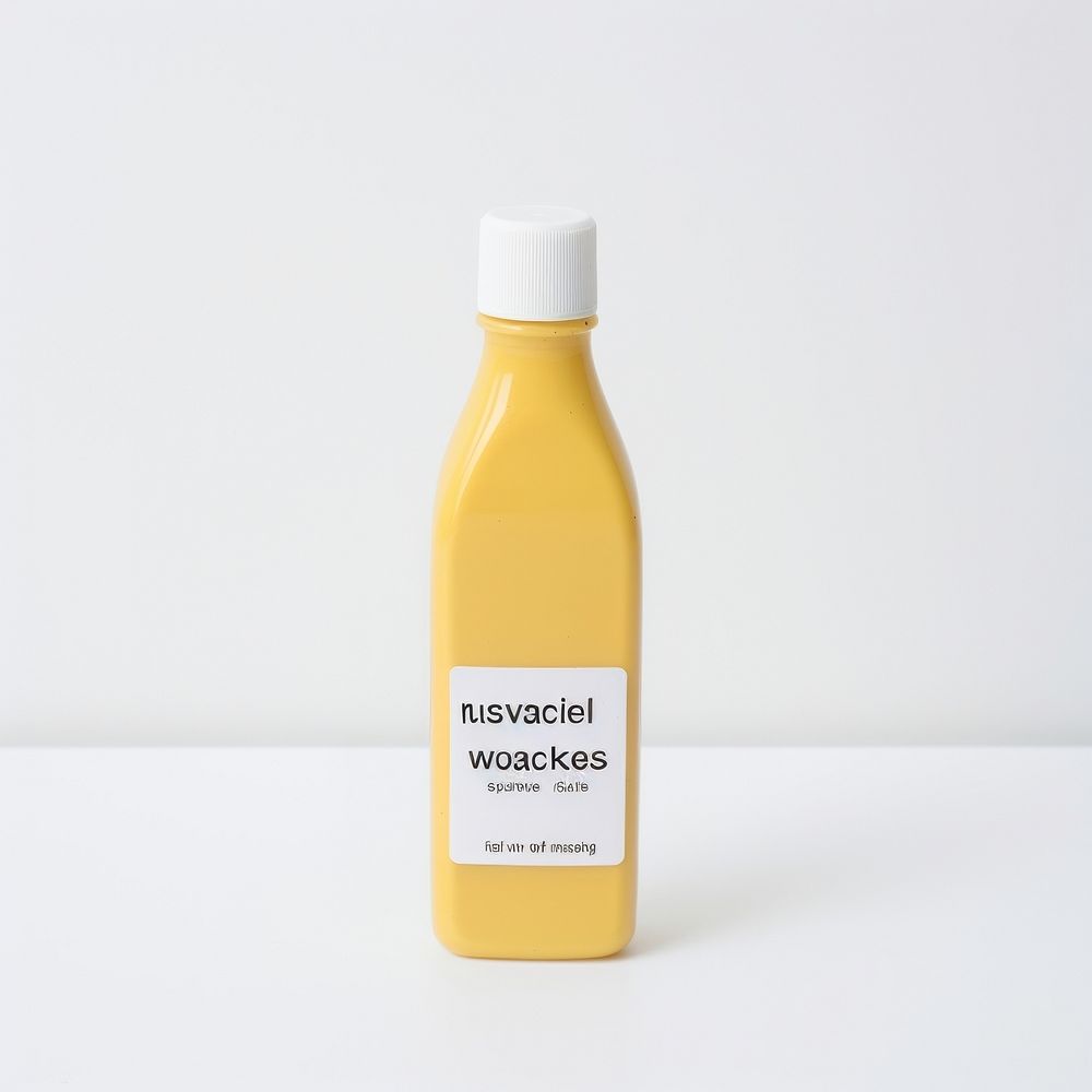Mustard sauce plastic squeeze bottle with blank white label drink white background simplicity.