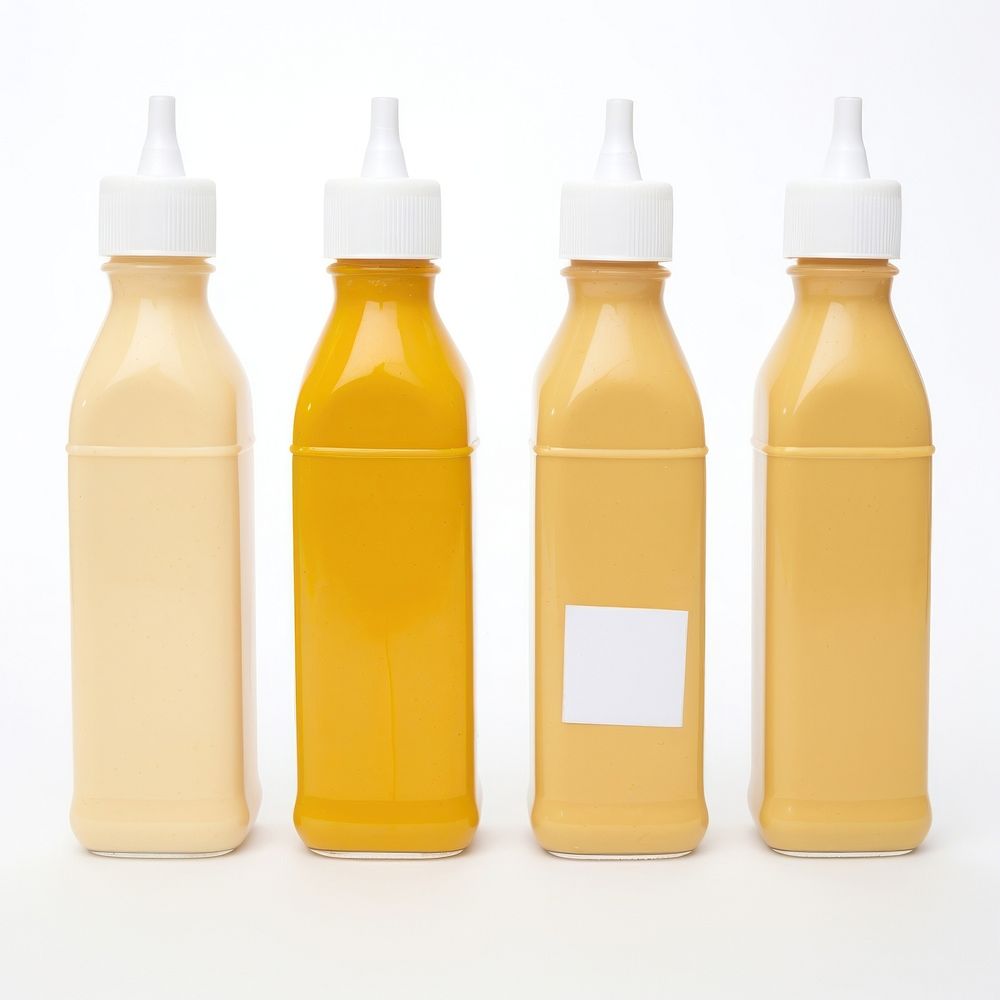 Mustard sauce white lid wide mouth squeeze bottles with blank white label drink juice white background.