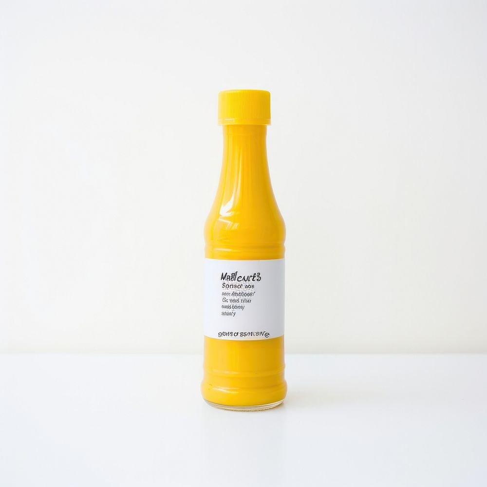 Mustard sauce wide mouth squeeze bottle with blank white label juice drink white background.