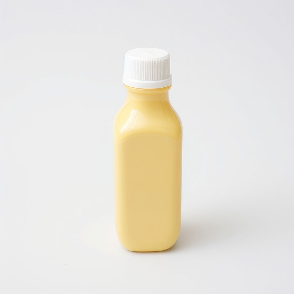 Plastic mustard sauce bottle white squeeze juice drink milk.
