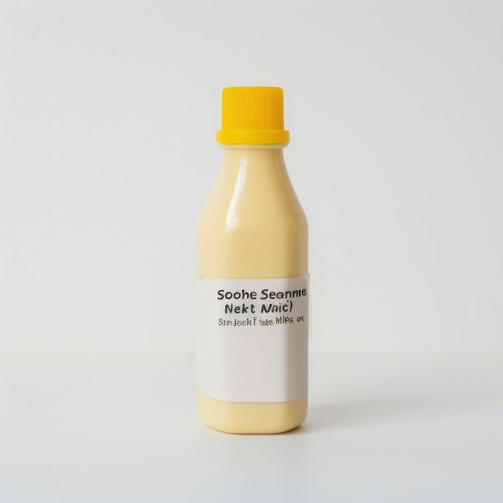 Plastic mustard sauce bottle white squeeze with blank white label white background laboratory container.