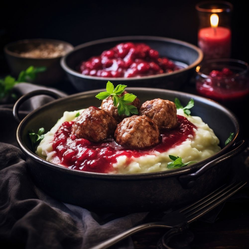 Swedish meatballs with strawberry jam food cranberry vegetable.