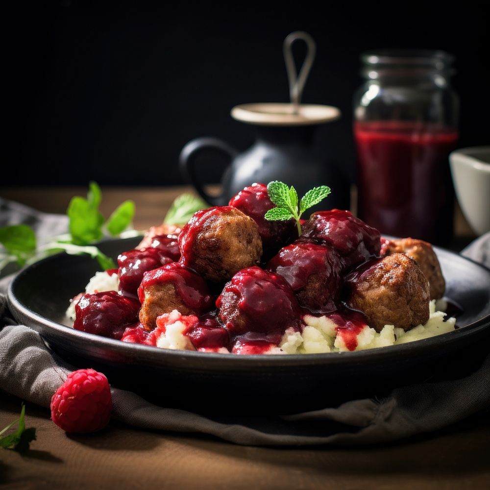 Swedish meatballs with strawberry jam food raspberry fruit.