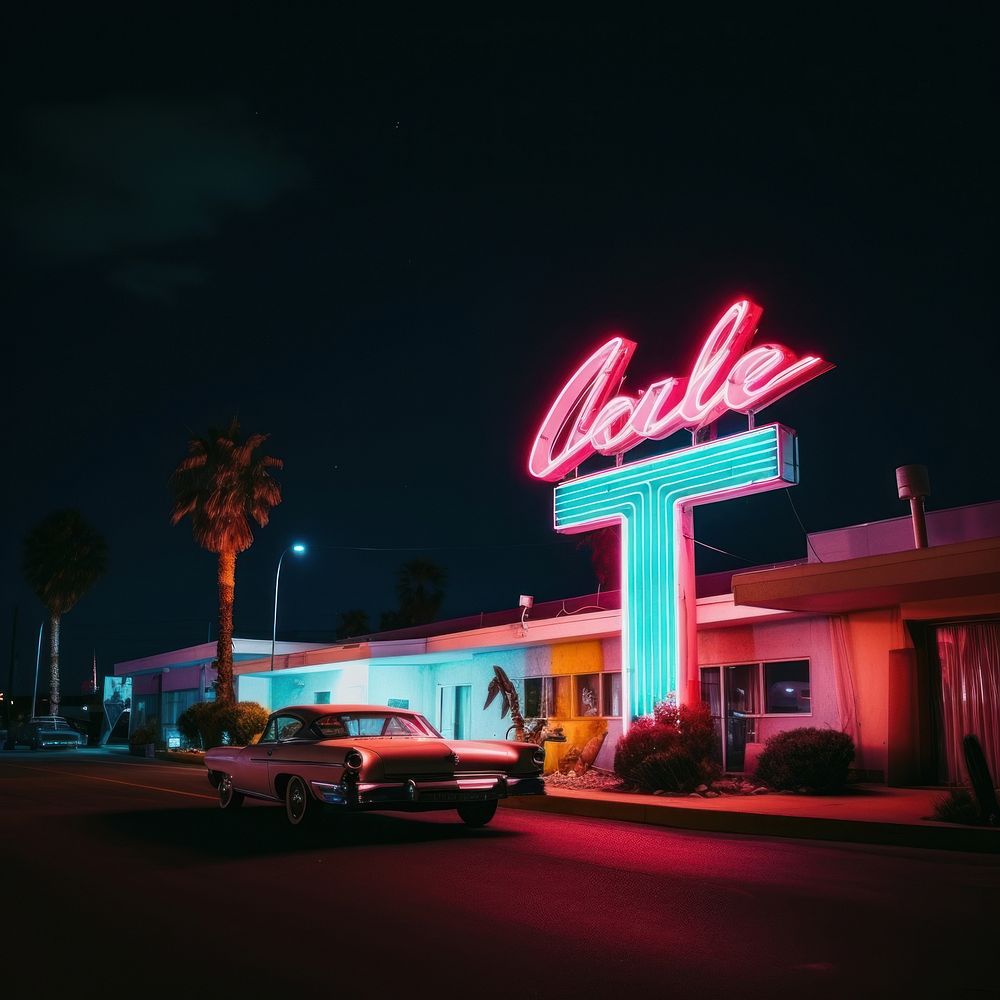 Retro neon night of motel in california architecture lighting city.