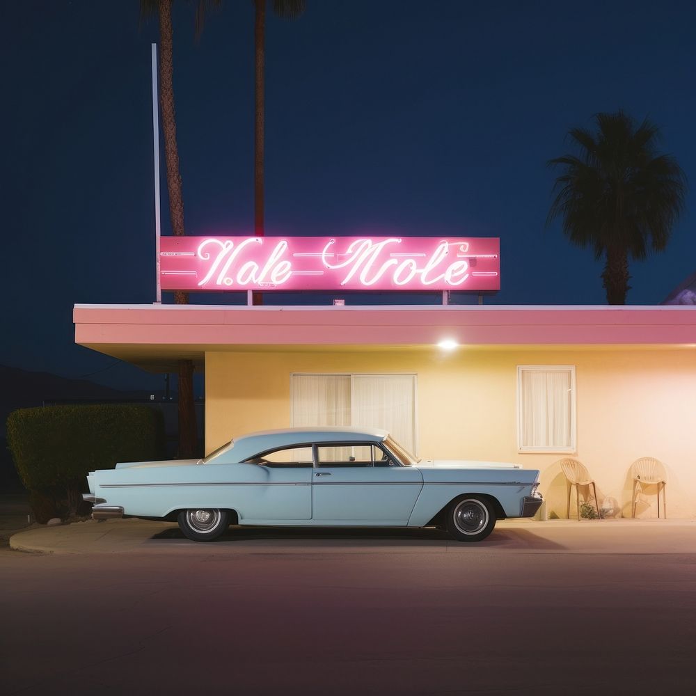 Retro neon night of motel in california architecture vehicle car.
