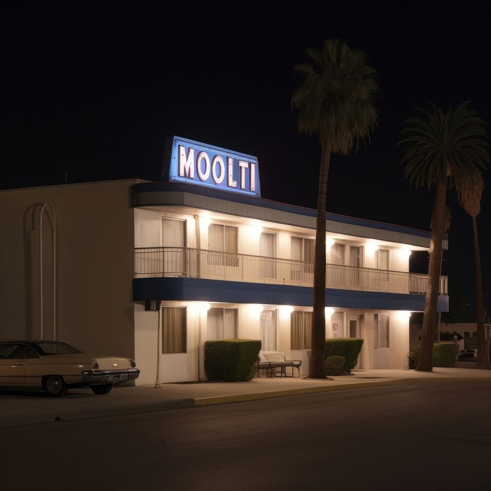 Retro neon night of motel in california architecture building car.