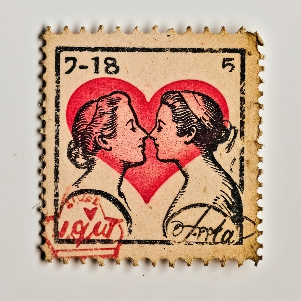 Vintage postage stamp with valentines representation togetherness calligraphy.