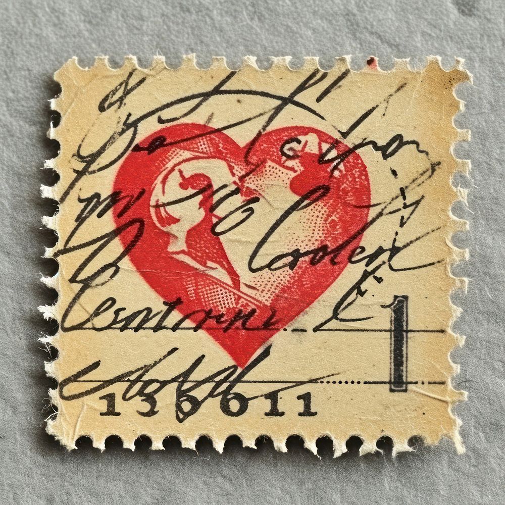 Vintage postage stamp with valentines paper calligraphy handwriting.