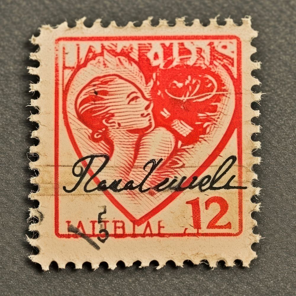 Vintage postage stamp with valentines architecture calligraphy needlework.