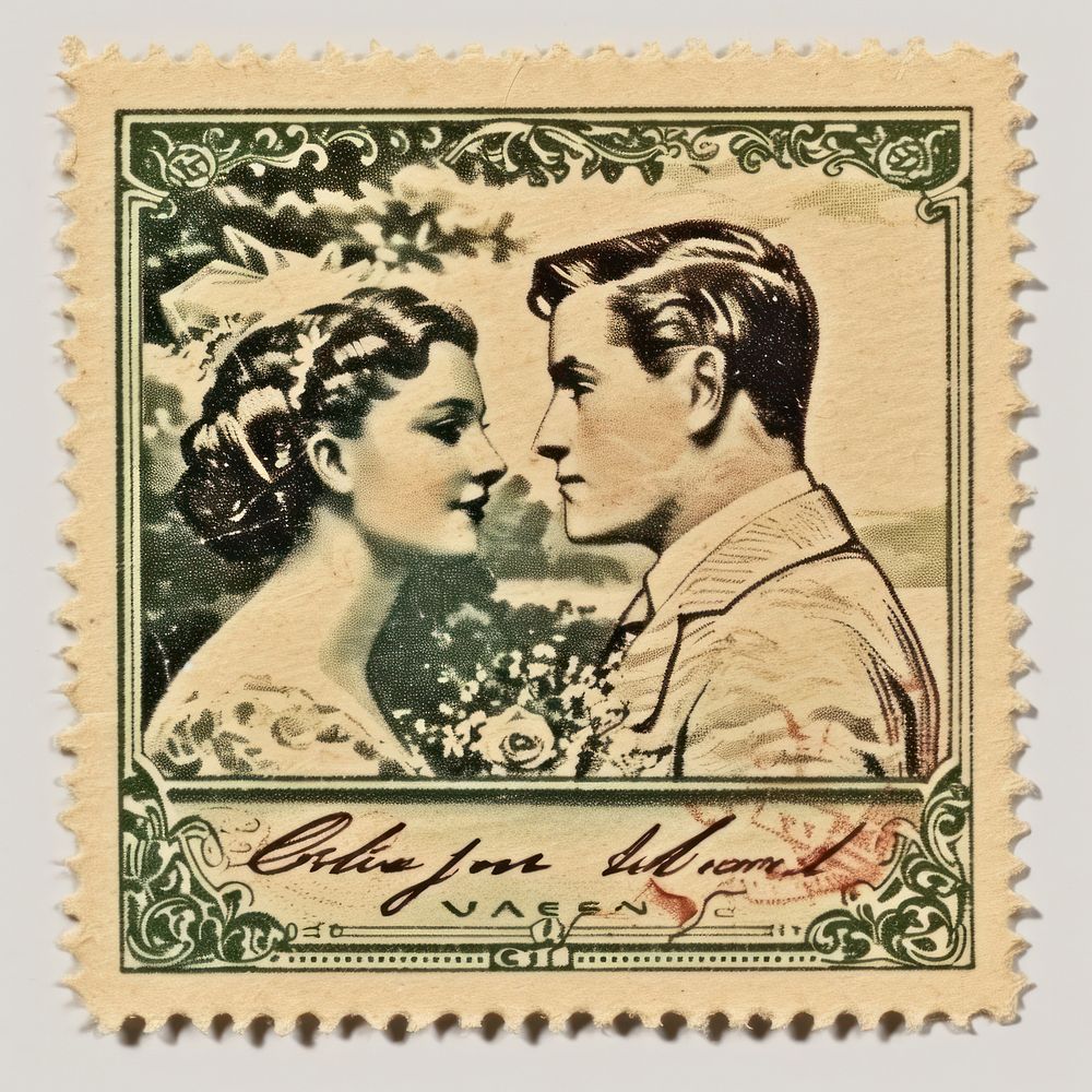 Vintage postage stamp with wedding adult cross-stitch needlework.
