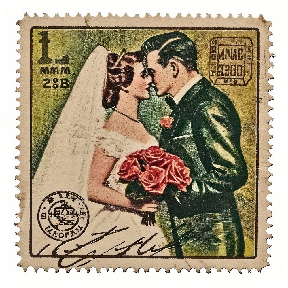 Vintage postage stamp with wedding adult bride togetherness.