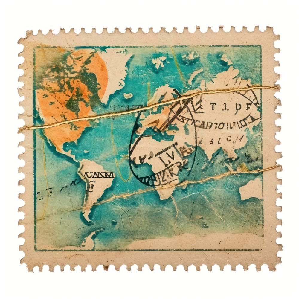 Vintage postage stamp with world paper needlework topography.