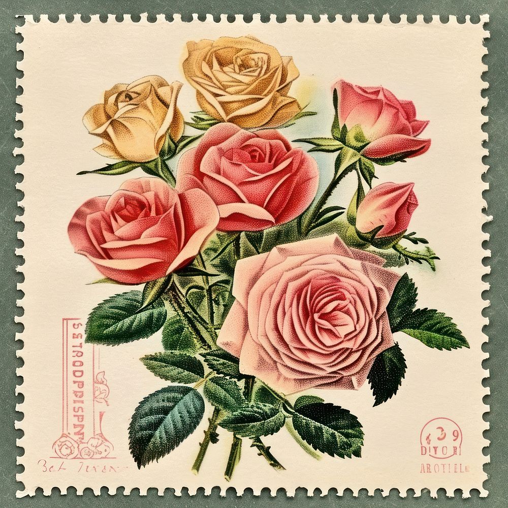 Vintage postage stamp with bouquet pattern flower plant.