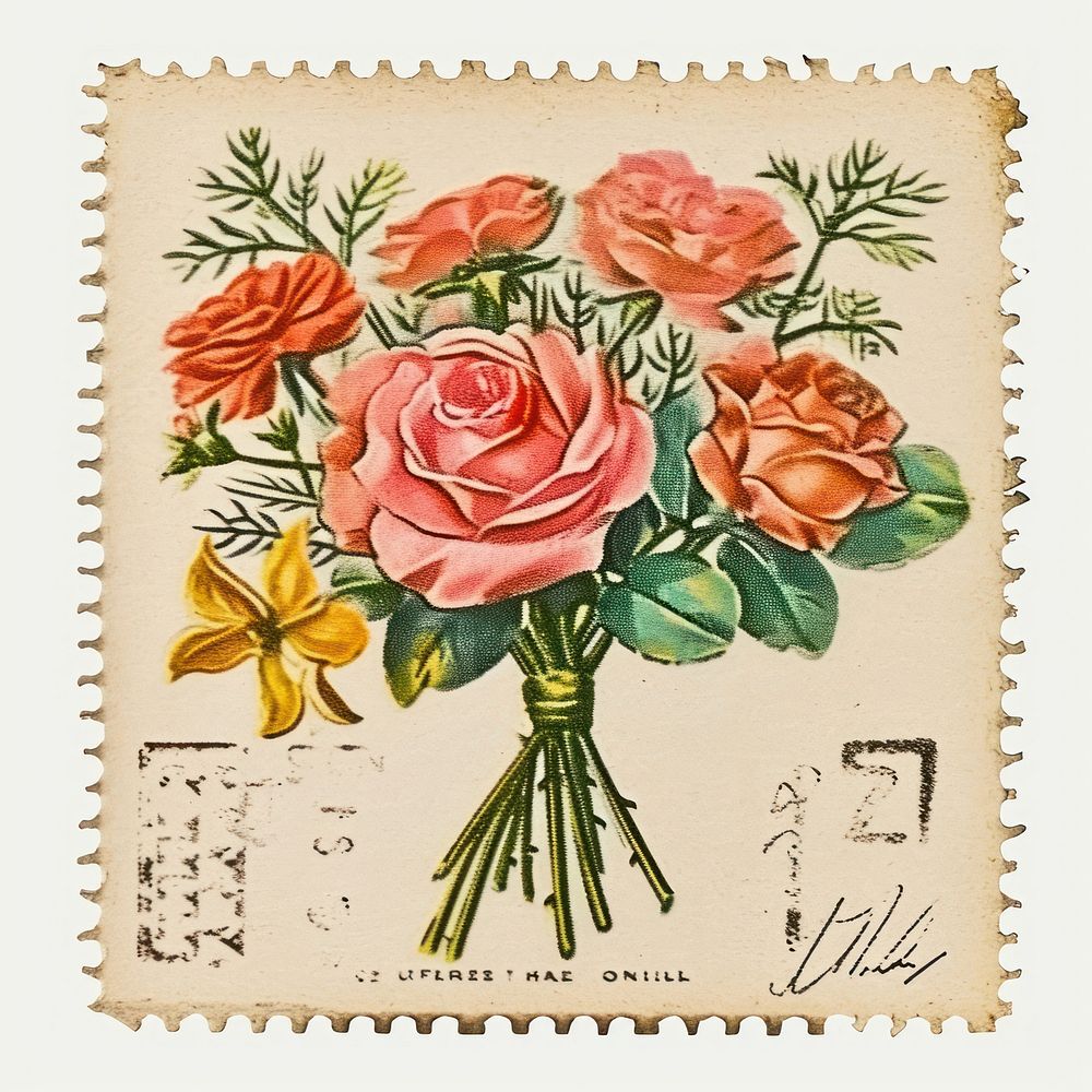 Vintage postage stamp with bouquet painting pattern flower.