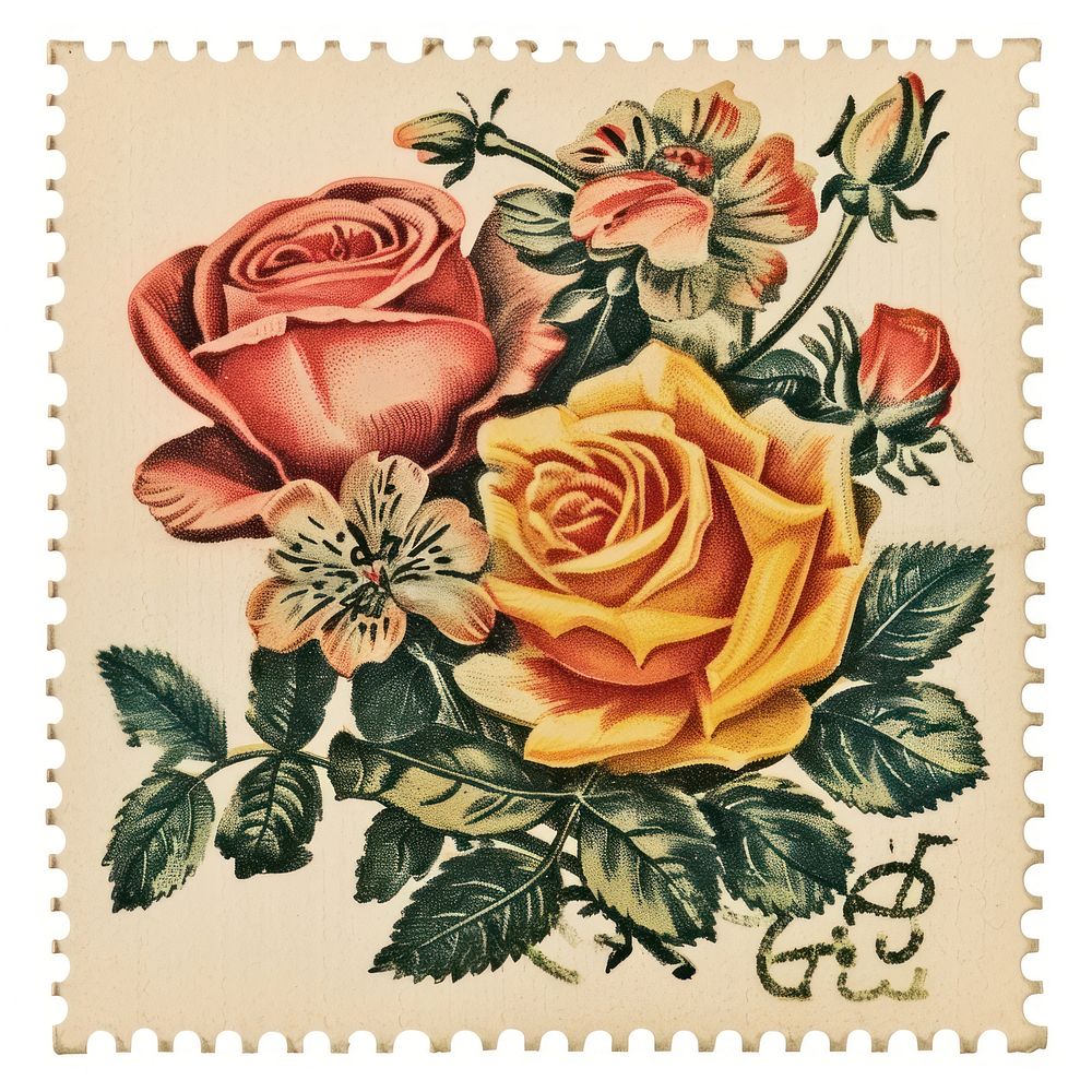 Vintage postage stamp with bouquet painting pattern flower.