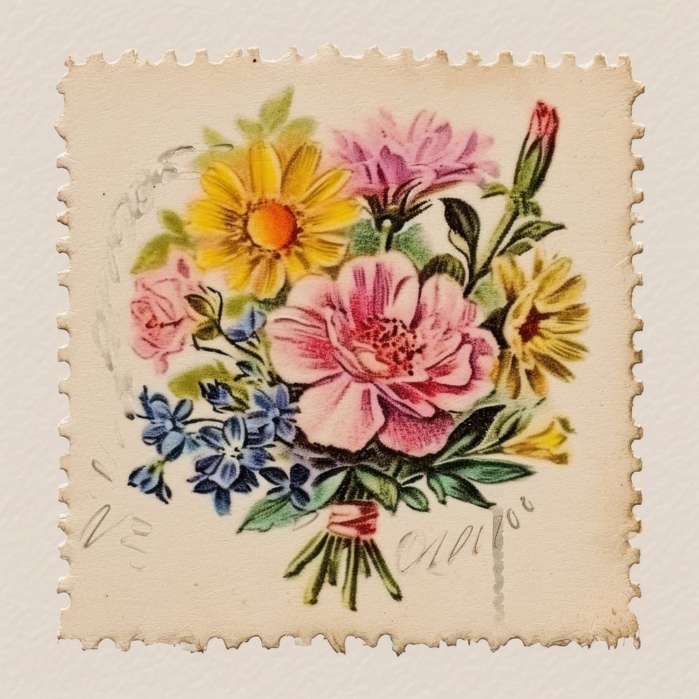 Vintage postage stamp with bouquet embroidery painting pattern.