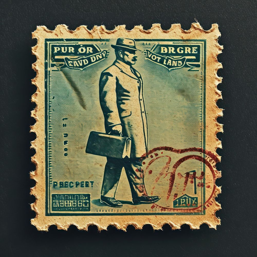 Vintage postage stamp with businessman architecture currency history.