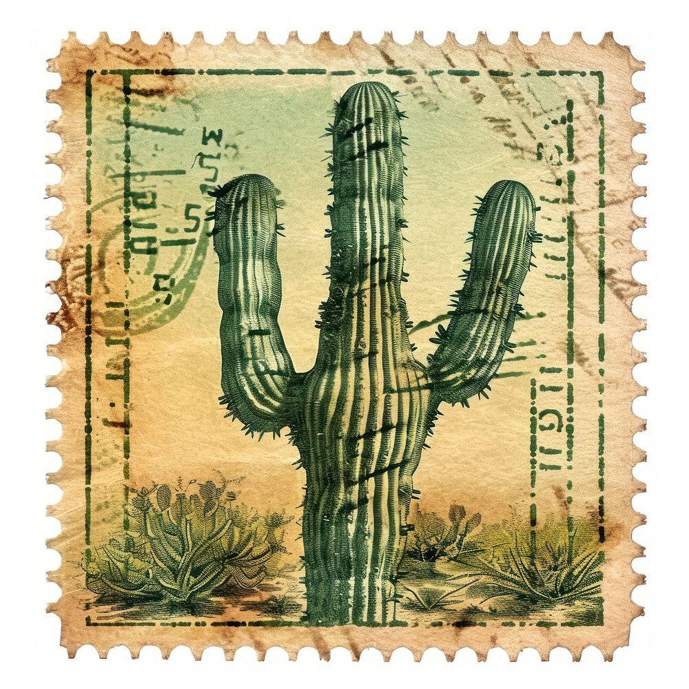 Vintage postage stamp with cactus outdoors dinosaur pattern.