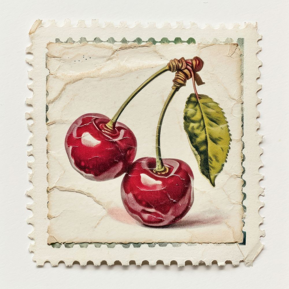Vintage postage stamp with cherry plant food needlework.