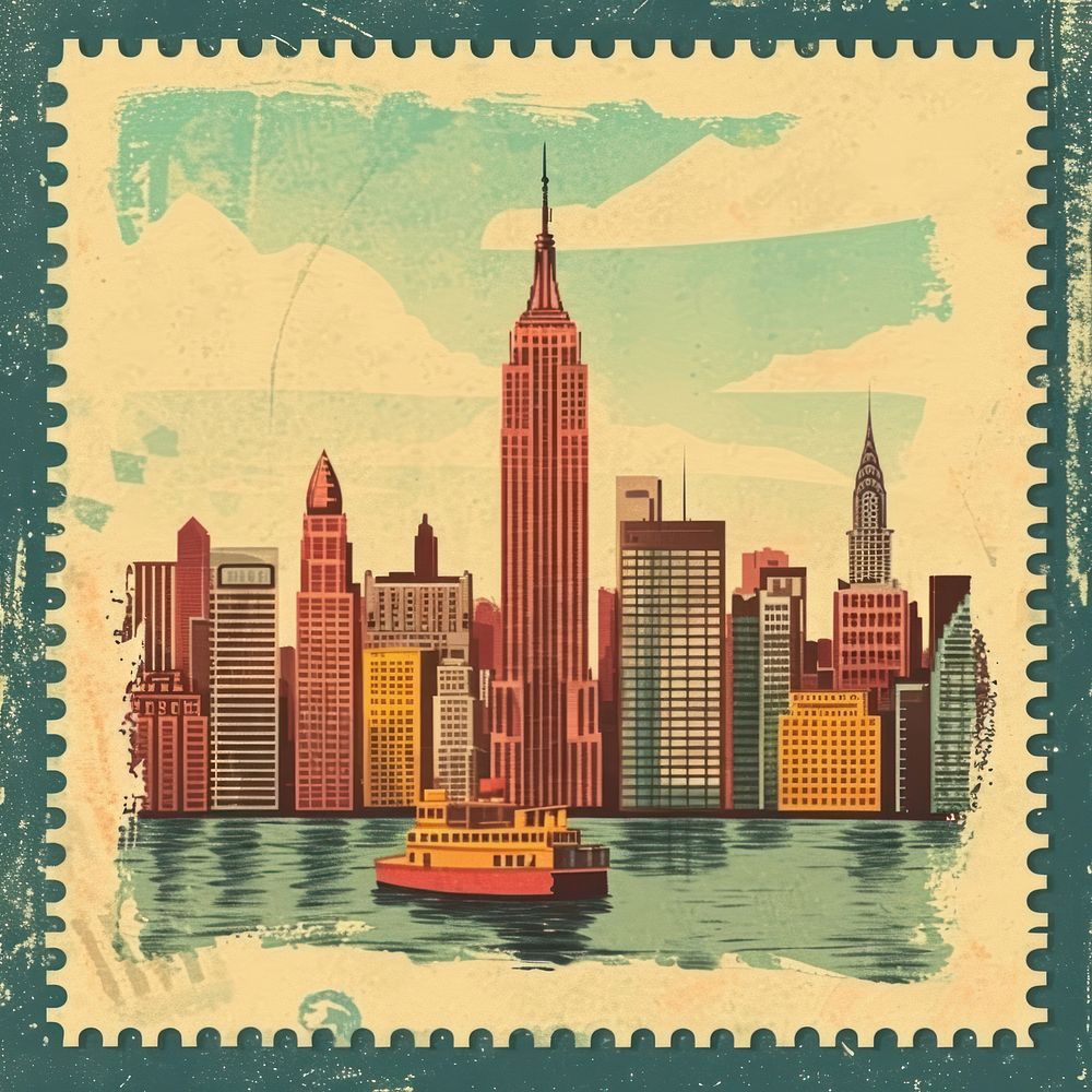 Vintage postage stamp with cityscape architecture building paper.