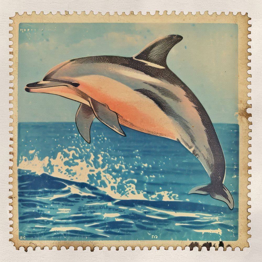 Vintage postage stamp with dolphin animal mammal fish.
