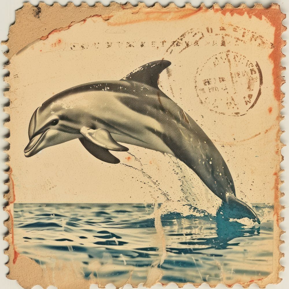 Vintage postage stamp with dolphin animal mammal underwater.