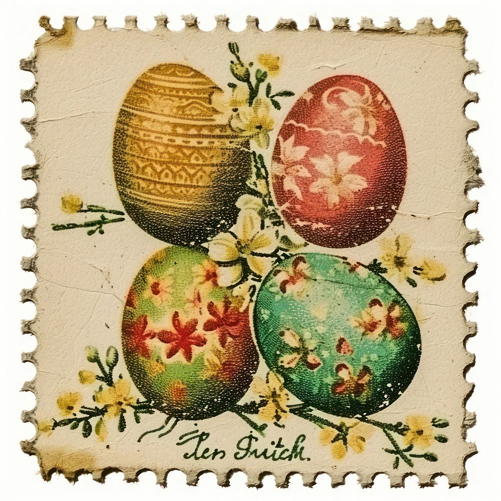 Vintage postage stamp with easter eggs celebration creativity needlework.