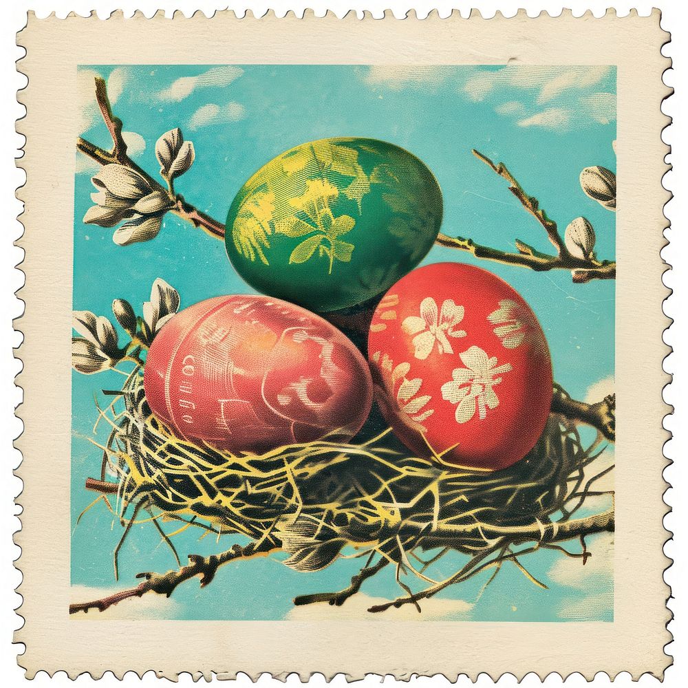Vintage postage stamp with easter eggs celebration creativity painting.