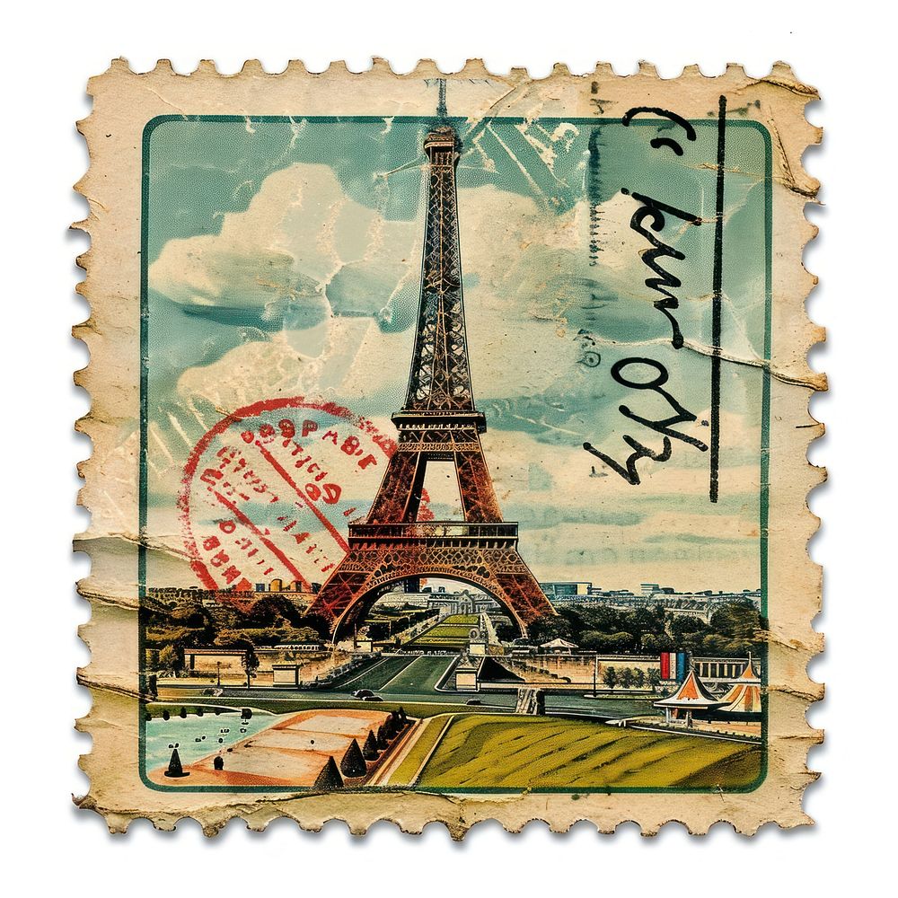 Vintage postage stamp with eiffel tower architecture outdoors history.