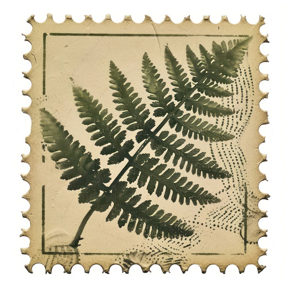 Vintage postage stamp with fern plant calligraphy pattern.