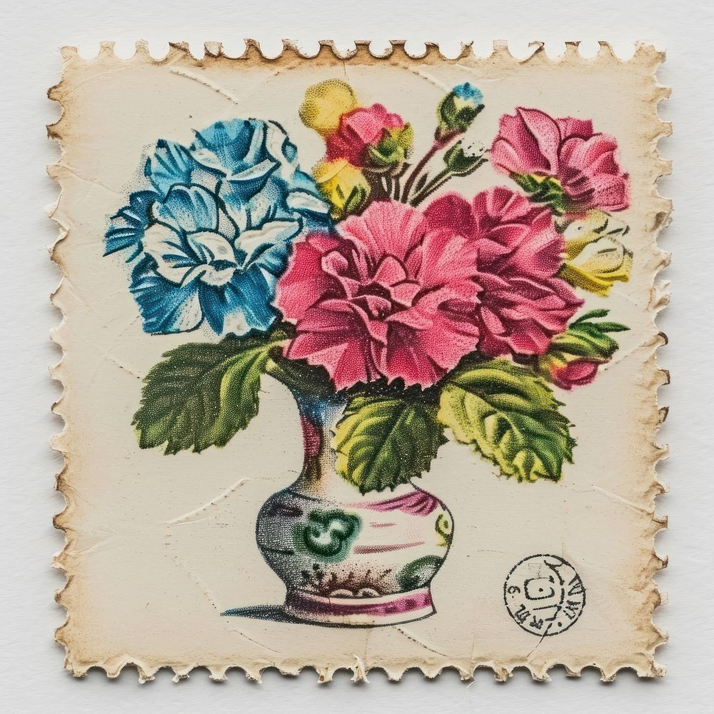 Vintage postage stamp with flower vase pattern plant rose.