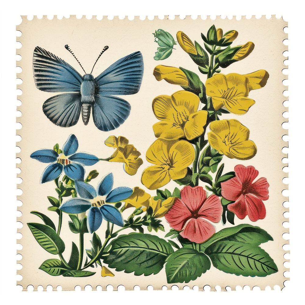 Vintage postage stamp with garden pattern flower plant.