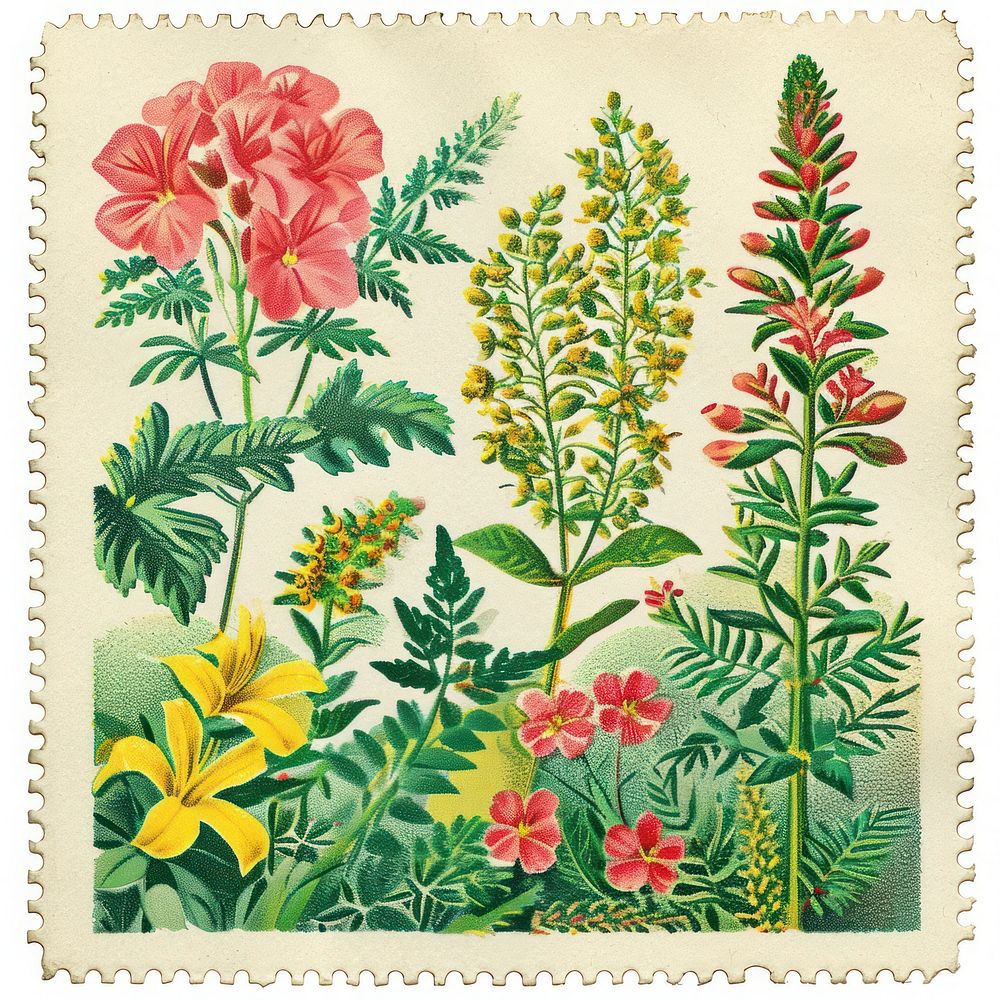 Vintage postage stamp with garden embroidery pattern flower.