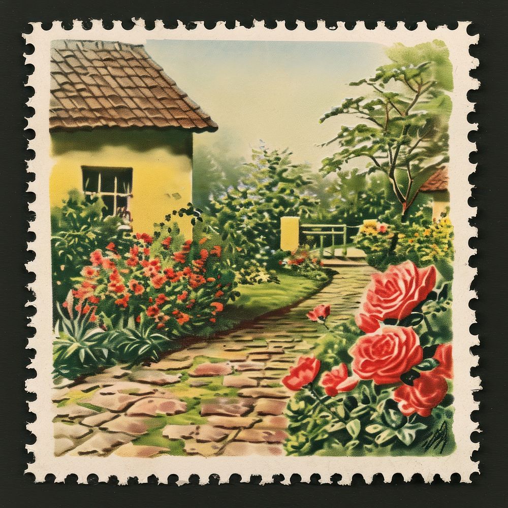 Vintage postage stamp with garden architecture painting building.