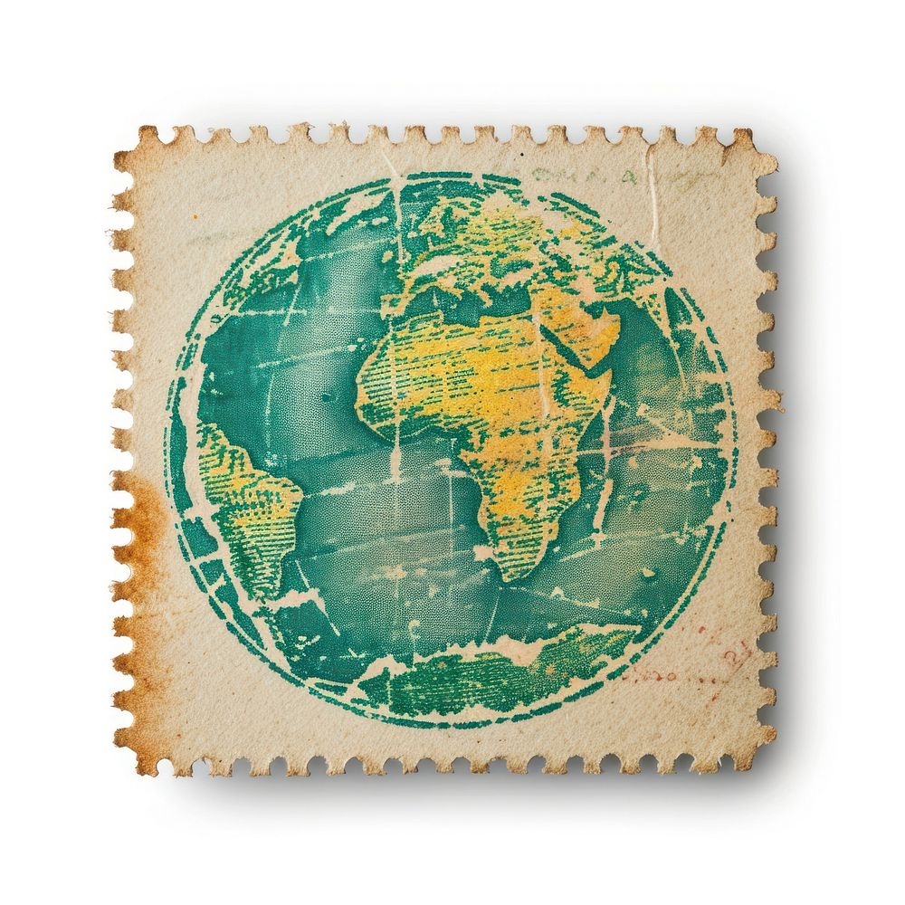 Vintage postage stamp with globe paper exploration topography.