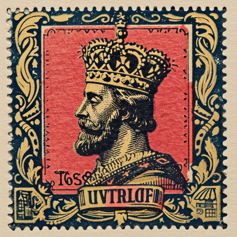 Vintage postage stamp with king representation architecture creativity.