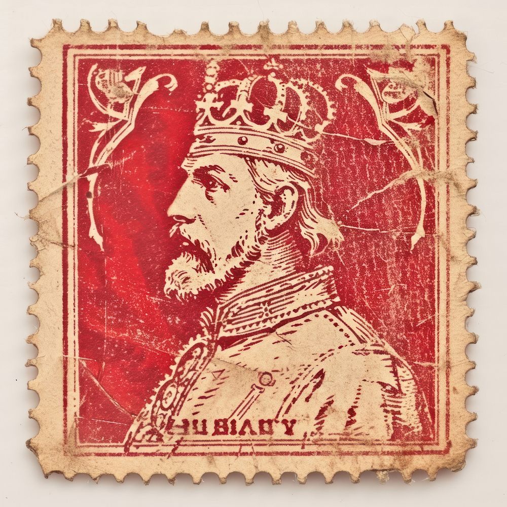 Vintage postage stamp with king representation architecture creativity.