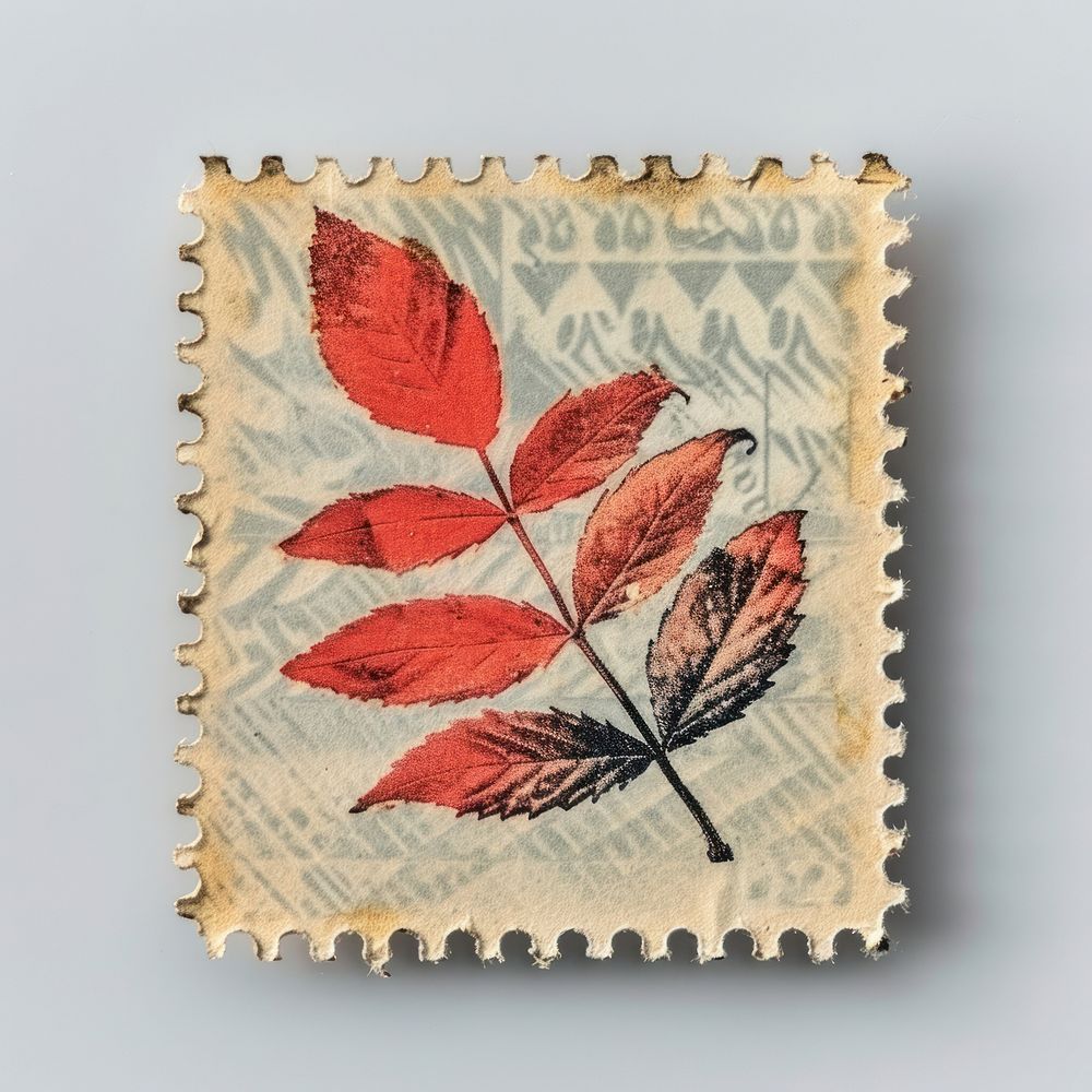 Vintage postage stamp with leaf plant cross-stitch creativity.