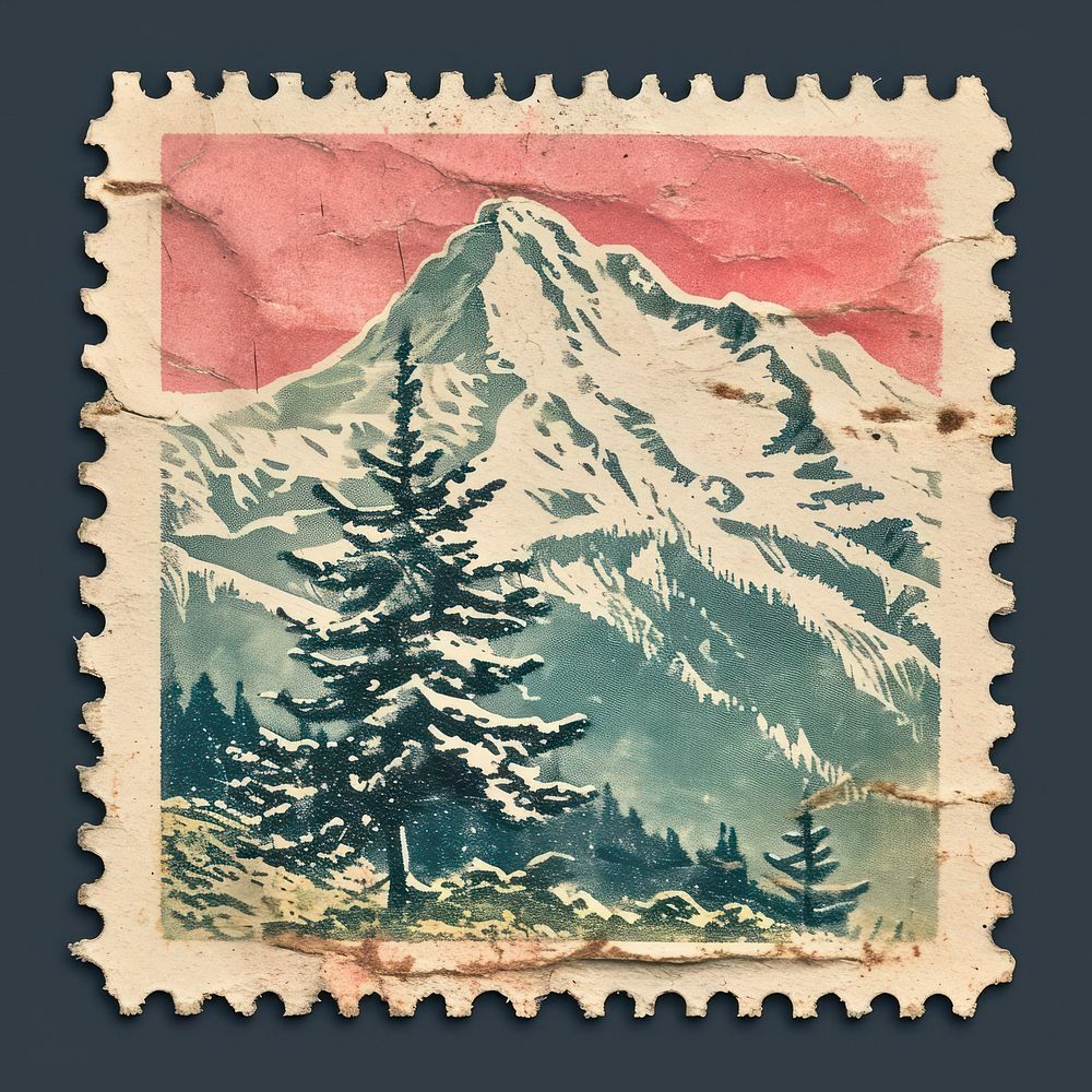 Vintage postage stamp with mountain painting art wilderness.