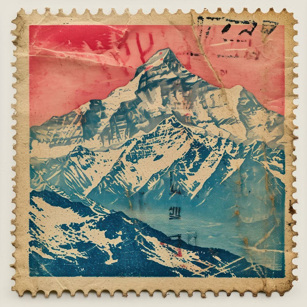 Vintage postage stamp with mountain art landscape outdoors.