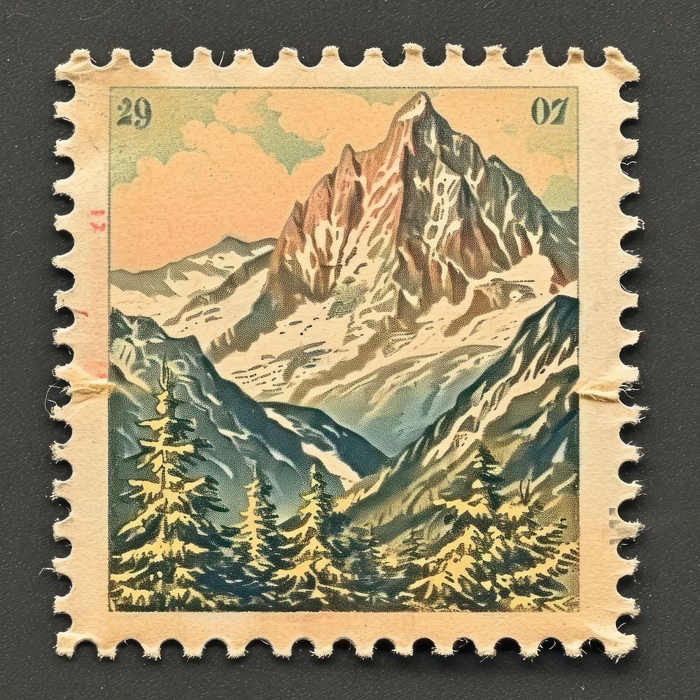 Vintage postage stamp with mountain wilderness landscape currency.