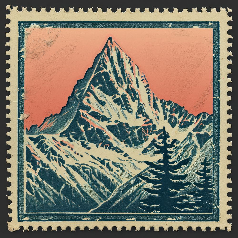Vintage postage stamp with mountain blackboard landscape outdoors.